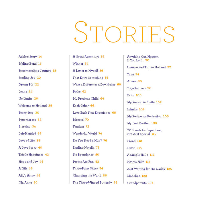 In large orange text, "Stories" lists 45 inspirational Down syndrome stories with numbered page references in two columns on white in Reasons to Smile, 2nd Edition by Schiffer Publishing, Ltd.