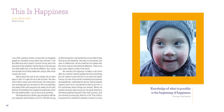 A magazine spread for Schiffer Publishing, Ltd.'s "Reasons to Smile, 2nd Edition" shows a story on happiness with text left, a close-up of a smiling child in hat and scarf right, and a George Santayana quote below.