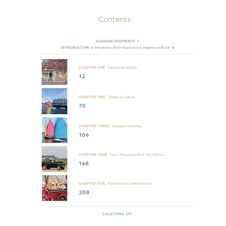 The table of contents in Nantucket by Schiffer Publishing, Ltd. features chapter titles with page numbers and small images—a house, ice cream, kites, toy cars, and a fire truck—with a blue and gold layout inspired by Nantucket guides.