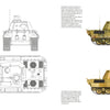 Four diagrams of the Panther Tank by Schiffer Publishing, Ltd.: two black-and-white technical drawings (front and top views) on the left, and two colored side profiles with WWII camouflage and numbers 01 and 221 on the right; text beside each tank.