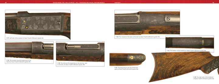 A detailed spread from Schiffer Publishing, Ltd. highlights close-up images of Savage Model 1895, 1899, and 99 rifles’ engraved metal parts and wood stocks, with numbered labels describing their features and intricate designs.