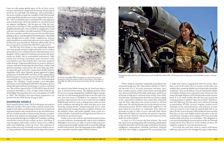 A two-page spread from Schiffer Publishing, Ltd.'s "The US Air Force Air Rescue Service" shows text on rescue missions, photos of a helicopter battling forest fires and burnt trees, and a woman in military gear next to a helicopter.