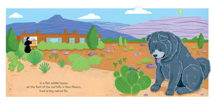 An illustrated scene from "A Bone for Bo" by Schiffer Publishing, Ltd. features a fluffy gray dog in a desert yard with cacti near an adobe house as a woman paints outdoors—ideal for a Georgia O’Keeffe-inspired children’s book.