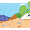 A blue-striped lizard crawls from beneath a white desert rock, cacti nearby, bathed in sun under a blue sky and purple mountains. “Up ahead, something bright white glinted in the sun. Bo picked it up in his mouth.” A Bone for Bo, Schiffer Publishing, Ltd.