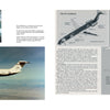 A spread from Schiffer Publishing, Ltd.'s Douglas DC-9 book displays images and diagrams of the passenger jet, featuring a jet engine, in-flight views, cutaway illustrations, and technical specs for various DC-9 series.