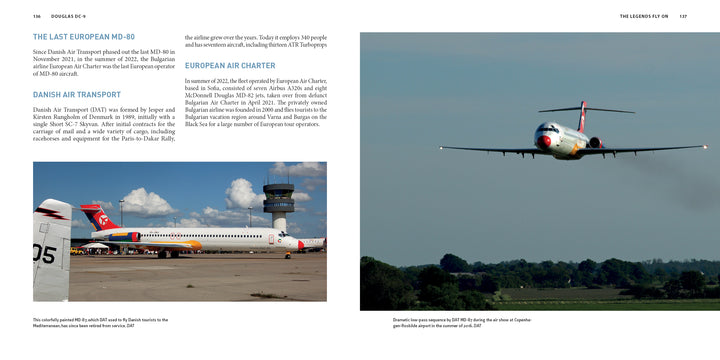 Two photos of Schiffer Publishing, Ltd.'s Douglas DC-9: left shows a Danish Air Transport MD-82 taxiing by an airport tower; right shows a European Air Charter MD-82 landing with gear down beneath a blue sky.