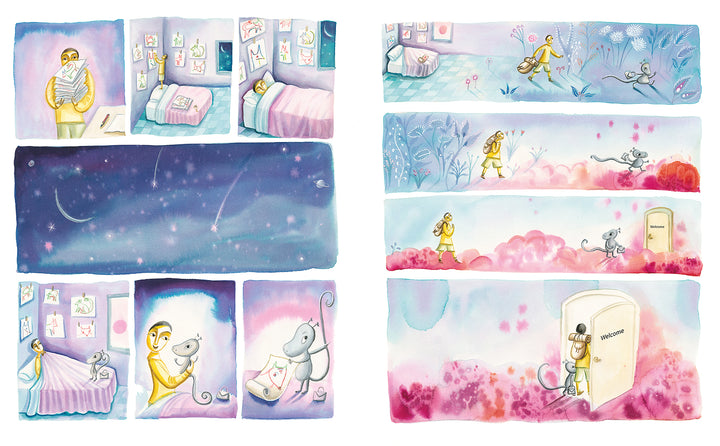 In "Encyclopedia of My Imaginary Friends" by Schiffer Publishing, Ltd., a child and their imaginary mouse friend snuggle in bed as the mouse dreams of a cheese-scented adventure—capturing a magical moment of growth in this charming children's book.