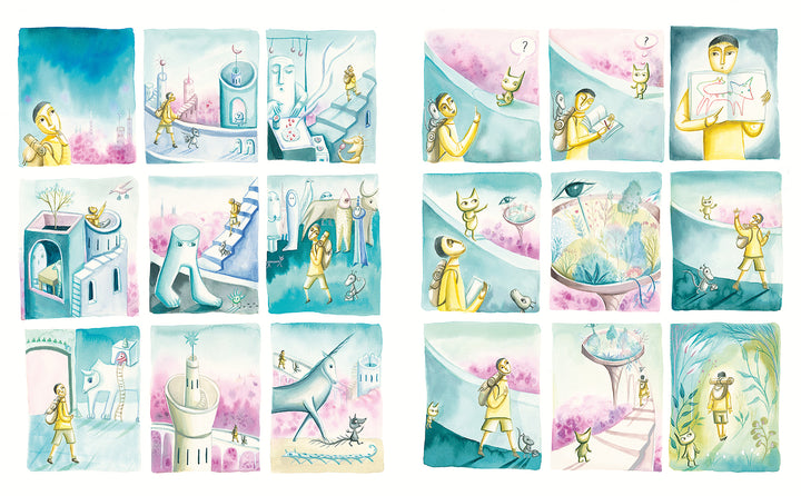 The "Encyclopedia of My Imaginary Friends" by Schiffer Publishing, Ltd. features a whimsical comic-style scene: a yellow character and their cat explore a pastel city, meet odd creatures, and enter a glowing garden under glass.
