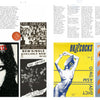 A two-page spread from "The Art of Punk" by Schiffer Publishing, Ltd. displays punk rock posters and flyers for The Adverts and Buzzcocks, highlighting bold black-and-white and yellow-and-blue graphic design styles.