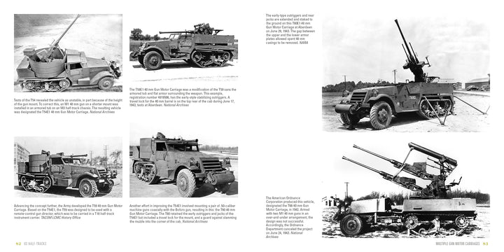 A two-page spread in "US Half-Tracks" by Schiffer Publishing, Ltd. features black-and-white photos of WWII US half-track vehicles and quad .50-caliber anti-aircraft guns, with captions about their models, features, and history.