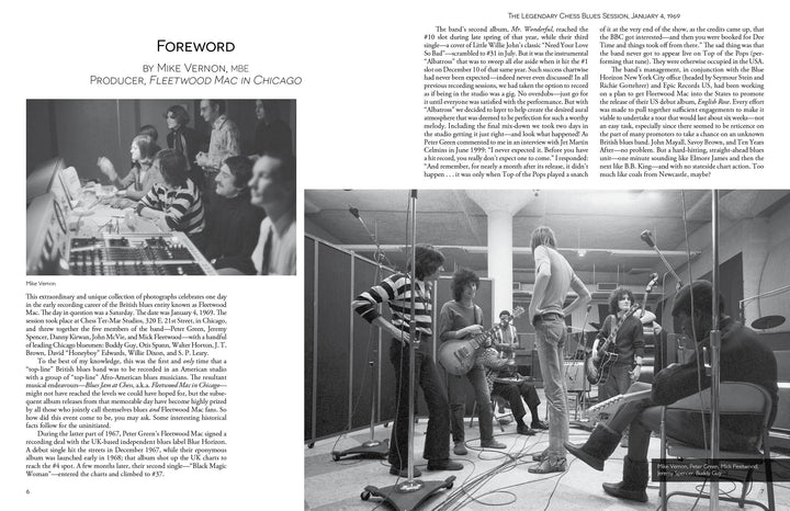 Two black-and-white photos from "Fleetwood Mac in Chicago" (Schiffer Publishing, Ltd.) show band members and a producer at the control panel, and musicians performing and singing together around studio microphones.