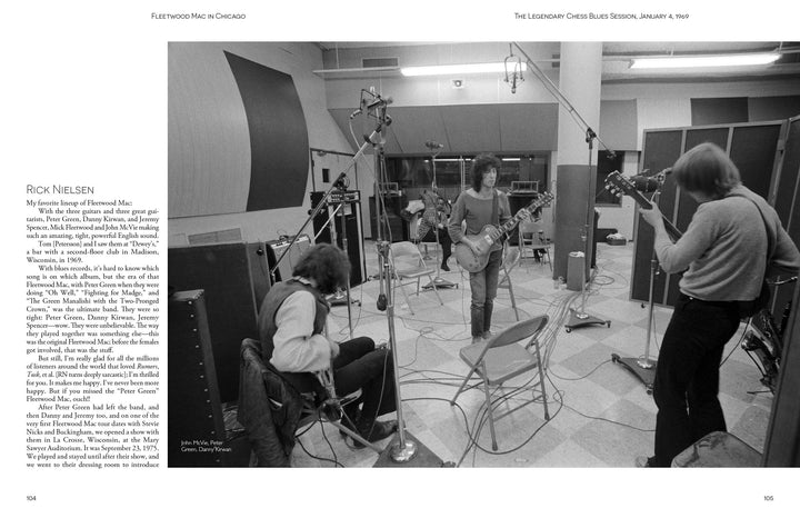 Black-and-white photo from Schiffer Publishing, Ltd.'s "Fleetwood Mac in Chicago": Four musicians jam in Chess Studios during a 1969 blues session—three with guitars, one at piano, amid amps and mics capturing the rock/blues vibe.