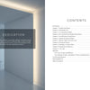 A minimalist, modern room with white walls, subtle lighting, and a sleek chair. The left page has a dedication; the right shows the table of contents from Lighting beyond Edison by Schiffer Publishing, Ltd., about lighting and space.