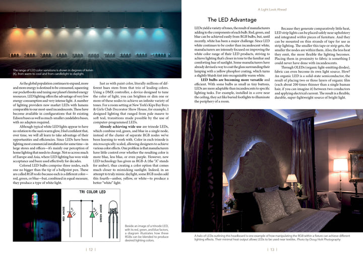 A magazine spread in "Lighting beyond Edison" by Schiffer Publishing, Ltd. showcases LED lights in vibrant settings—highlighting bottles and bedrooms—and features an interior designer’s guide to the benefits of residential LED lighting.