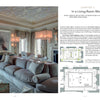 A luxurious living room with a large gray sectional, ornate moldings, wall sconces, and a fireplace, illuminated by soft Lighting beyond Edison by Schiffer Publishing, Ltd. Framed art decorates the mantel, with floor plans shown on the right.