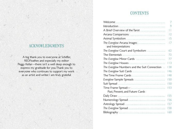 An acknowledgments section for supporters is on the left, while on the right is The Everglow’s table of contents—listing astrology cards and page numbers—for Schiffer Publishing, Ltd.’s Tarot divination system book.