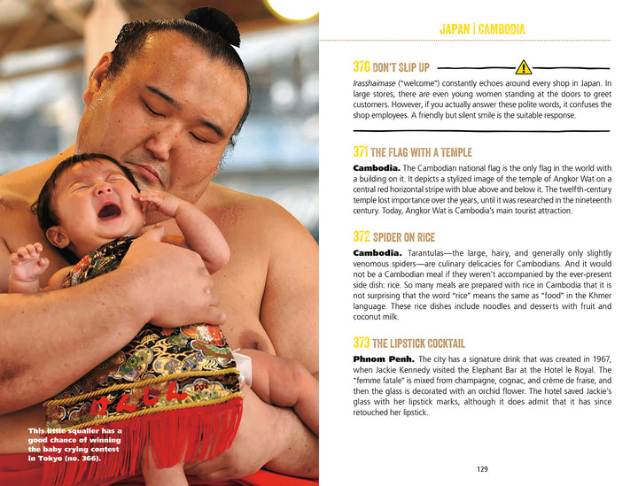 A sumo wrestler cradles a crying baby in traditional garb at a sumo baby contest, illustrating this quirky tradition. On the right, facts from "Useless Knowledge for the World Traveler" by Schiffer Publishing, Ltd. offer travel trivia and fun insights.