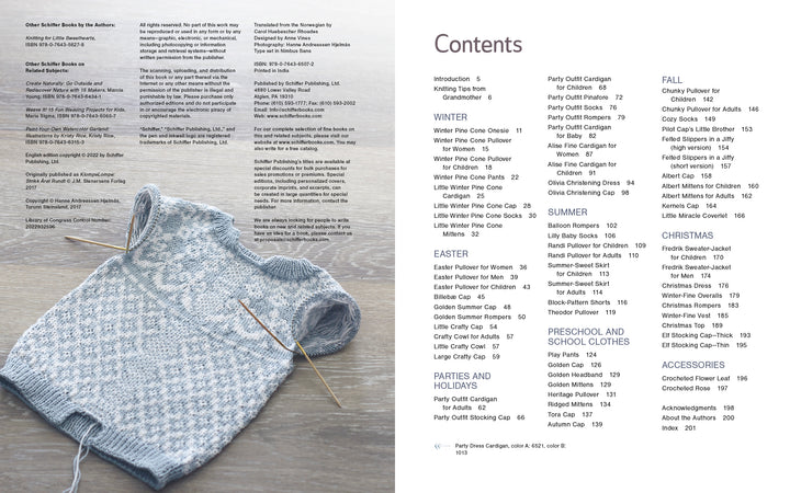 A light blue and white fair isle baby dress, inspired by KlompeLompe patterns, lies beside the table of contents from "All-Year-Round Knitting for Little Sweethearts" by Schiffer Publishing, Ltd., with two knitting needles on a wooden surface.