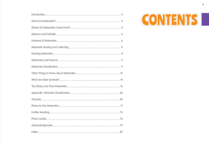 Table of contents page with section titles left, page numbers right, and "CONTENTS" in large orange text at the top right—perfect for organizing Schiffer Publishing, Ltd.’s The 50 State Unofficial Meteorites.