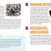 A two-page spread from The 50 State Unofficial Meteorites by Schiffer Publishing, Ltd., covers meteorite hunting, collecting, naming, science, classification, state-specific facts, photos of rocks, and side notes for kids.