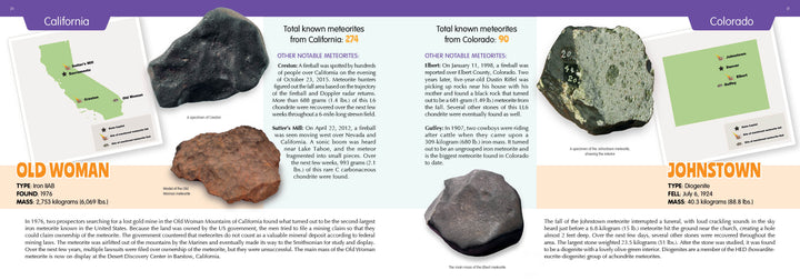 A two-page spread from Schiffer Publishing, Ltd.'s The 50 State Unofficial Meteorites spotlights California’s Old Woman and Colorado’s Johnstown meteorites with images, maps, and discovery highlights.