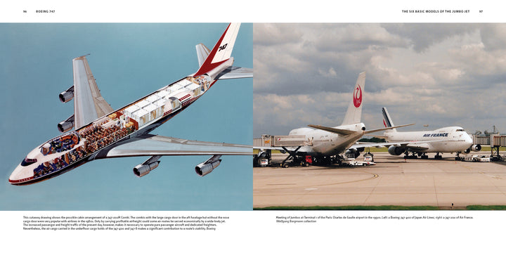 Left: A cutaway of the Boeing 747 reveals passenger seating and cargo below. Right: Two historic Boeing 747s from Air France and Japan Airlines are shown together at the gate. Brand: Schiffer Publishing, Ltd.