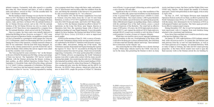 A page from Schiffer Publishing, Ltd.'s book features text, images of a man on a bench, and the M50/M50A1 Ontos, a recoilless rifle tank used during the Vietnam War.
