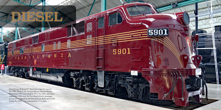 A photo from "The Railroad Museum of Pennsylvania in Pictures" by Schiffer Publishing, Ltd. shows maroon Pennsylvania Railroad diesel locomotive 5901 indoors, with DIESEL at top left and white-gold side detailing against large background windows.