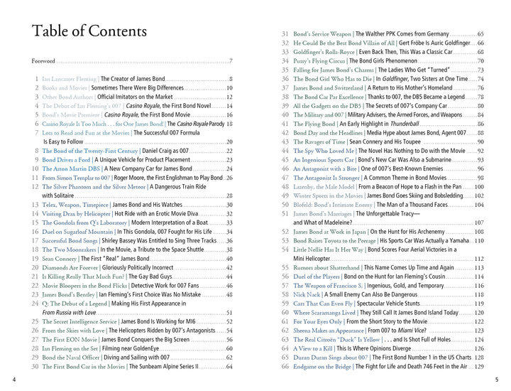 Table of contents from "101 Things You Should Know about James Bond 007" by Schiffer Publishing, Ltd., listing 68 chapters on Bond films, theme songs, cars, locations, villains, and gadgets. Black text on white background.