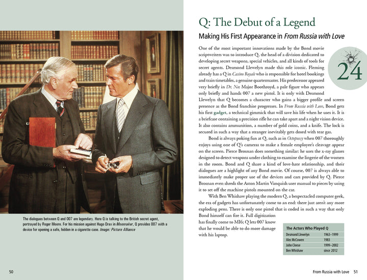 Two men in suits talk in an office. The older, exuding 007-style composure, gestures with a folder, while the younger listens, holding a briefcase. On the table is Schiffer Publishing’s "101 Things You Should Know about James Bond 007.