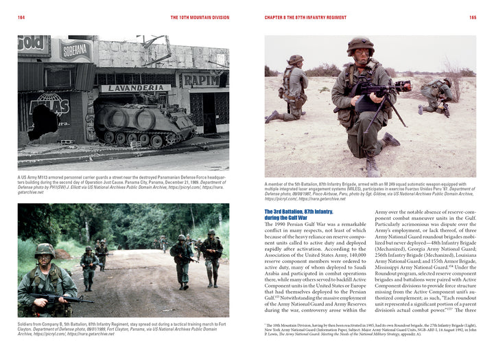 Page spread from Schiffer Publishing, Ltd.'s "The 10th Mountain Division" features four photos of U.S. Army soldiers and armored vehicles, with text about the unit’s role in the Gulf War and references to WWII’s Italian campaign.