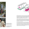 A modern black-clad Forever Home from Schiffer Publishing, Ltd. features bold red accents among trees and a gravel path, with inset of a family and diagrams showing adaptable homes and shared amenities.