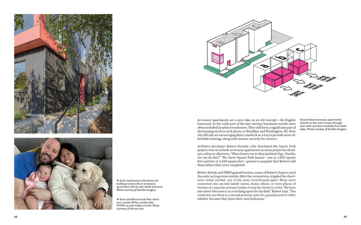 A modern black-clad Forever Home from Schiffer Publishing, Ltd. features bold red accents among trees and a gravel path, with inset of a family and diagrams showing adaptable homes and shared amenities.