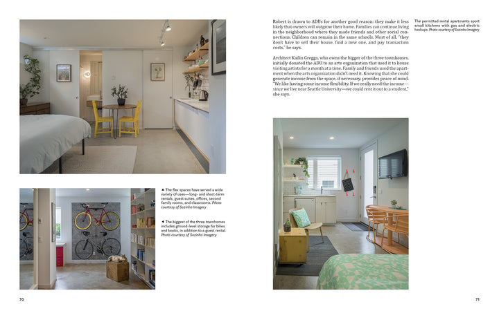 A magazine spread from Schiffer Publishing, Ltd.'s "The Forever Home" features adaptable townhouse interiors—a dining area with a small table, a bedroom with a bicycle wall rack, and a living space with a green patterned sofa.