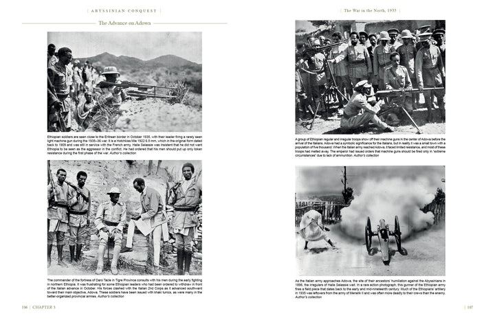 Two pages from Abyssinian Conquest by Schiffer Publishing, Ltd. feature black-and-white photos of Ethiopian soldiers, leaders like Haile Selassie, and weapons with captions about military activities during the Italian-Ethiopian War.