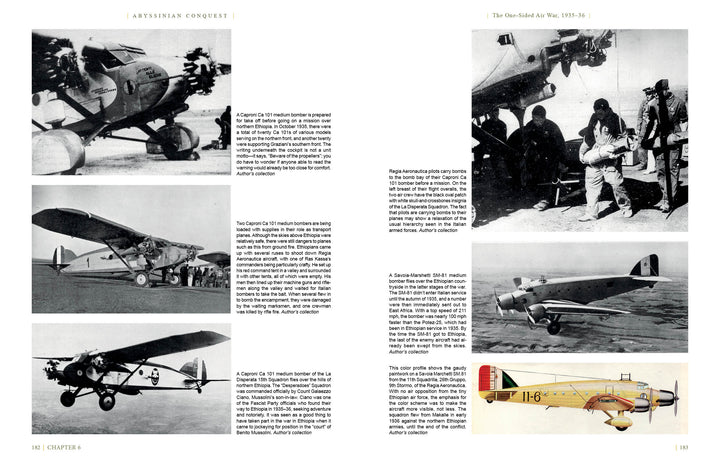 A two-page spread in "Abyssinian Conquest" by Schiffer Publishing, Ltd. displays black-and-white photos of planes and pilots from the Abyssinia invasion, with captions and text about aircraft and aerial operations in the Italian-Ethiopian War.