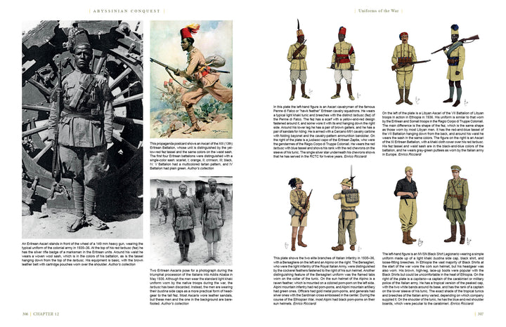 Abyssinian Conquest by Schiffer Publishing, Ltd. features a historical magazine spread with B&W photos of Ethiopian soldiers during the Abyssinia invasion and detailed color illustrations of six labeled military uniforms.