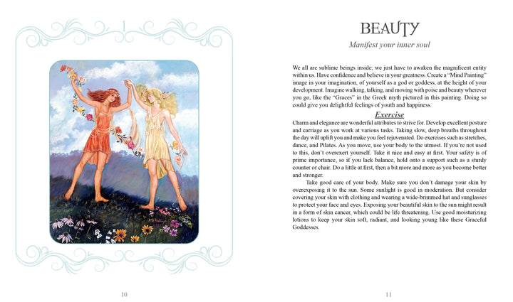 A vibrant book spread: Left page—two women in flowing dresses dance in a flower field. Right page—title "Dream Your Joy Oracle Cards" by Schiffer Publishing, Ltd. with text inspired by meditation and self-care.
