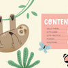 The illustrated contents page of KindKids Word Search by Schiffer Publishing, Ltd. shows a smiling sloth, parrot, butterfly, and plants. A pink box lists: Hello There, Let's Learn, Let's Practice, Puzzles (including word searches), and Solutions.