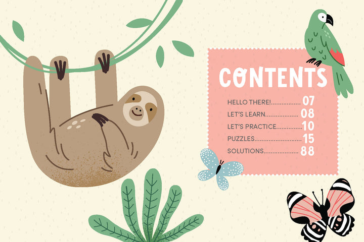 The illustrated contents page of KindKids Word Search by Schiffer Publishing, Ltd. shows a smiling sloth, parrot, butterfly, and plants. A pink box lists: Hello There, Let's Learn, Let's Practice, Puzzles (including word searches), and Solutions.