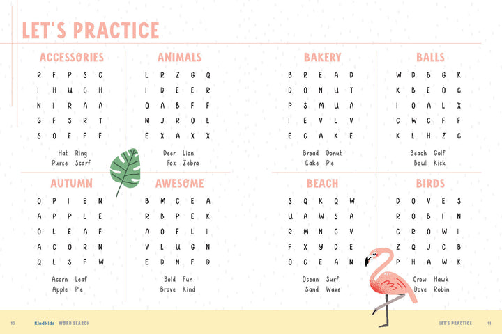 The KindKids Word Search by Schiffer Publishing, Ltd. features eight themed categories and cheerful corners with inspiring messages and a pink flamingo holding a green leaf.