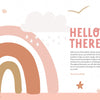 A pastel-colored illustration with a rainbow, raindrops, sun, and birds appears on the left; “HELLO THERE!” and a welcome message in orange and gray are on the right. Ideal for positive messages or kids activity books like Schiffer Publishing's KindKids Crosswords.