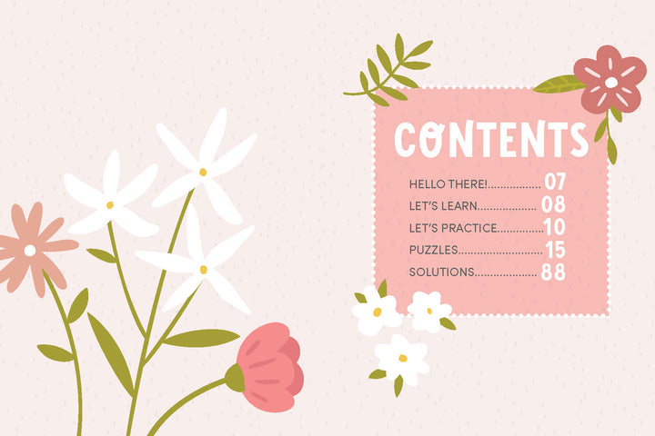 A floral-themed table of contents from KindKids Crosswords by Schiffer Publishing, Ltd., features pink and white flowers on the left and a pink box listing: Hello There! 07, Let’s Learn 08, Let’s Practice 10, Puzzles 15, Solutions 88.