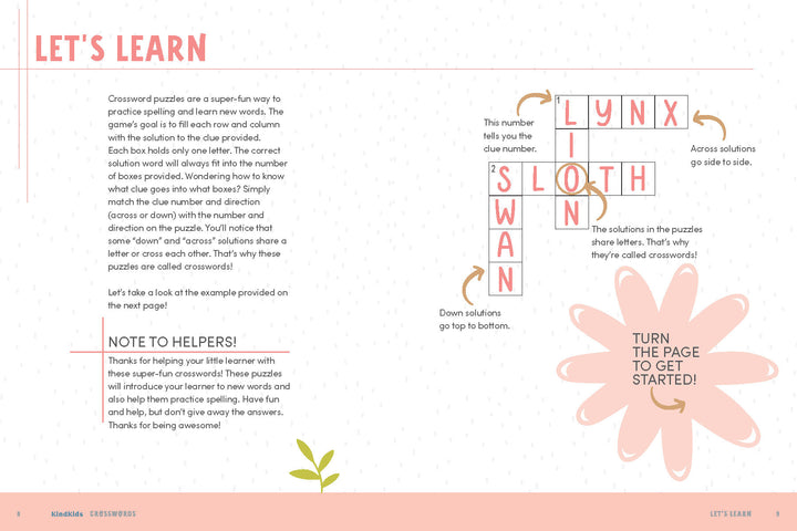 A two-page spread from KindKids Crosswords by Schiffer Publishing, Ltd. teaches kids how to solve crosswords with words like LYNX, SLOTH, and SWAN. Includes a helper note and a pink starburst with positive messages to inspire readers.
