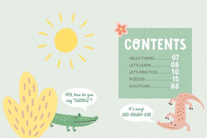 The KindKids Super Sudoku table of contents by Schiffer Publishing, Ltd. features a sun, two cartoon crocodiles discussing kids' sudoku puzzles, a yellow plant, and a green contents box on a light dotted background.