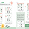 KindKids Super Sudoku by Schiffer Publishing, Ltd. features an illustrated guide to sudoku basics with a blank 4x4 grid, easy rules, sample solved puzzles, fun decorations, positive messages, and a “Turn the page to get started!” arrow for kids.