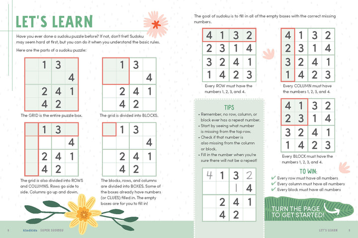 KindKids Super Sudoku by Schiffer Publishing, Ltd. features an illustrated guide to sudoku basics with a blank 4x4 grid, easy rules, sample solved puzzles, fun decorations, positive messages, and a “Turn the page to get started!” arrow for kids.