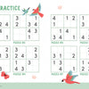 KindKids Super Sudoku by Schiffer Publishing, Ltd. features eight 4x4 kids sudoku puzzles with birds, butterflies, flowers, and positive messages. Each is partially completed with numbers 1-4; the green title reads LETS PRACTICE. Ideal for activity books!.