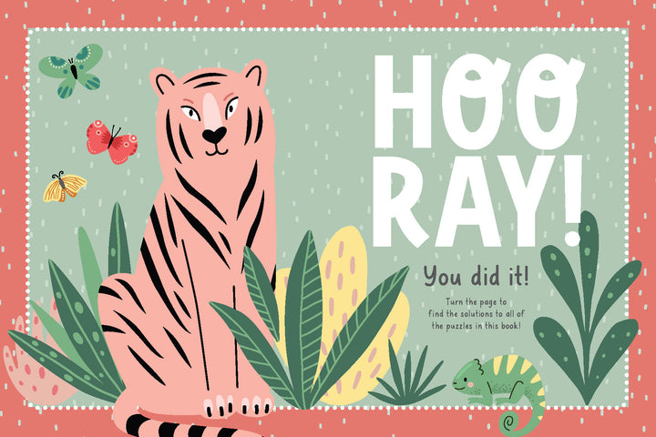 Illustration of a pink tiger with green plants, butterfly, moth, and chameleon. Large "HOORAY! You did it!"—a joyful scene perfect for Schiffer Publishing, Ltd.'s KindKids Super Sudoku activity book to inspire positive messages in kids.