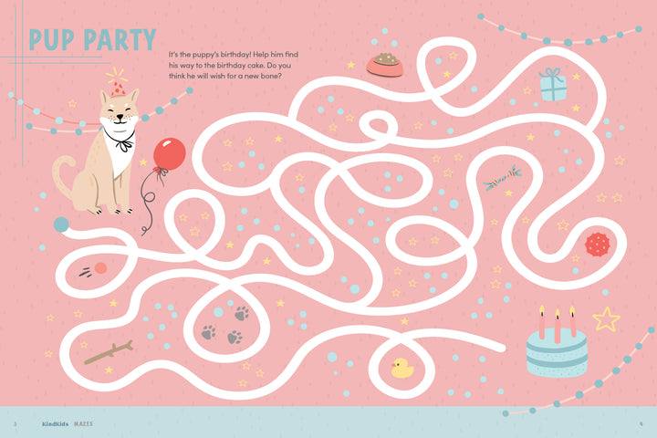 KindKids Fun Mazes by Schiffer Publishing, Ltd. features a birthday-themed maze for kids with a dog in a party hat, balloon, and cake, set on a pink confetti background—perfect for activity books!.